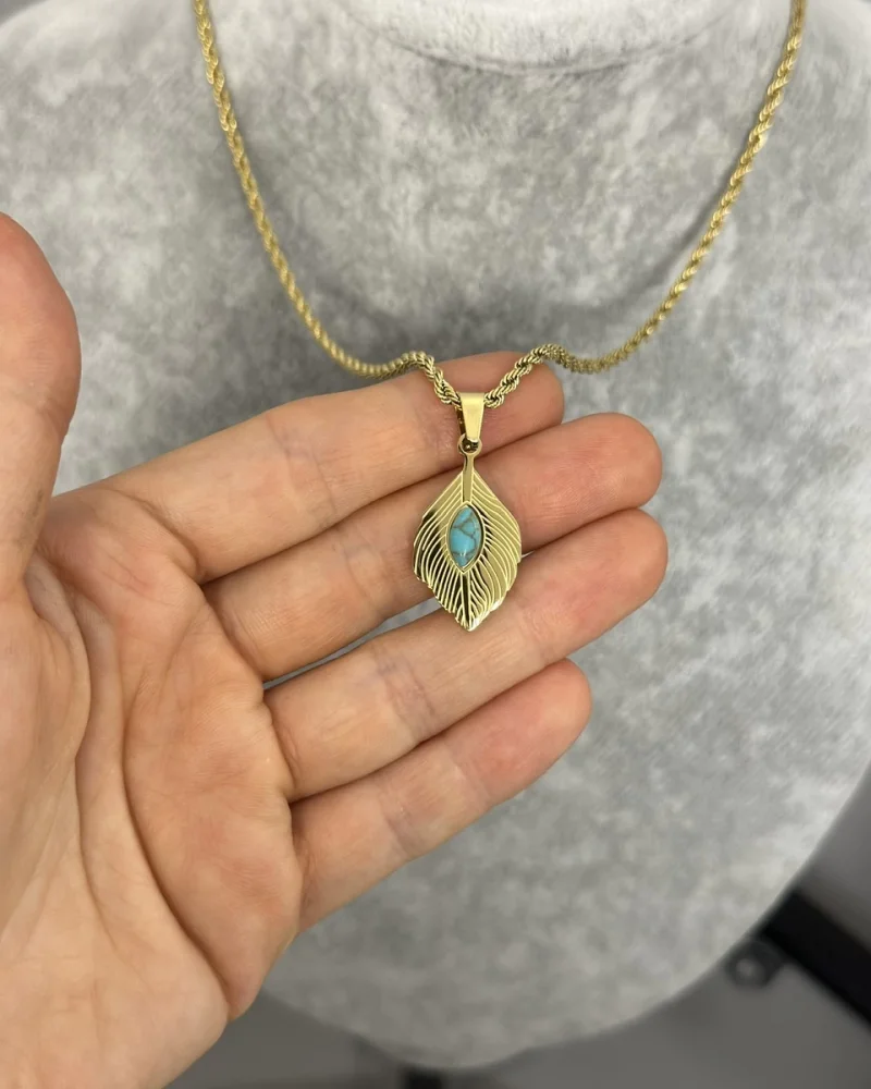 Çelik Turkuaz Taşlı Yaprak Kolye (40+5 cm)
