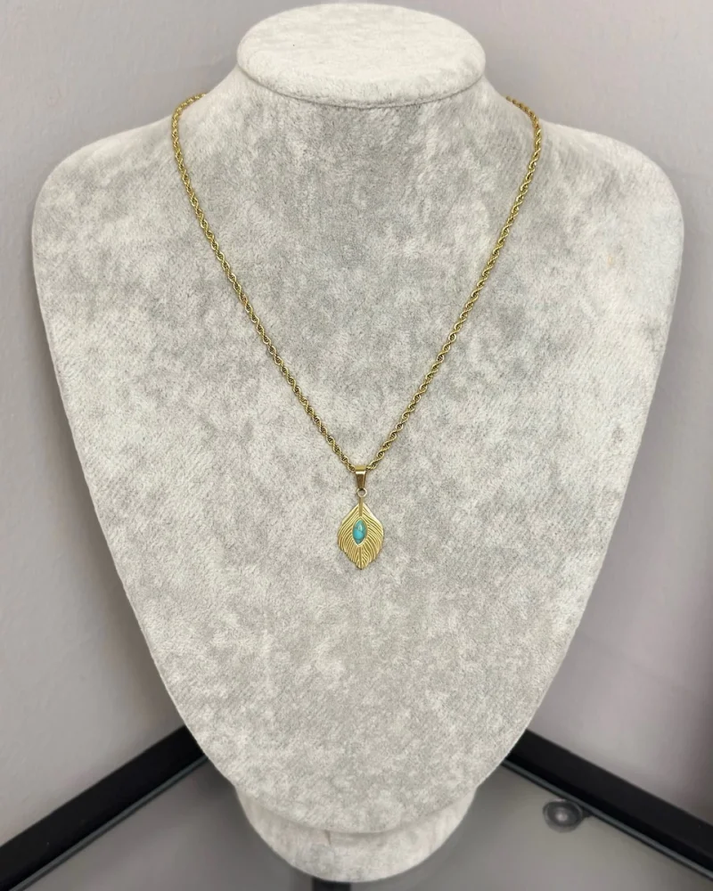 Çelik Turkuaz Taşlı Yaprak Kolye (40+5 cm)