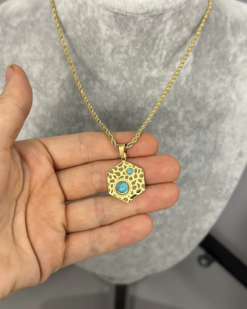 Çelik Turkuaz Taşlı Altıgen Kolye (40+5 cm)