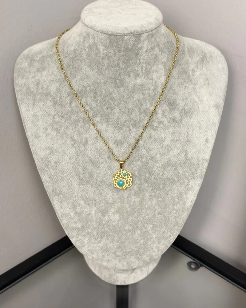 Çelik Turkuaz Taşlı Altıgen Kolye (40+5 cm)