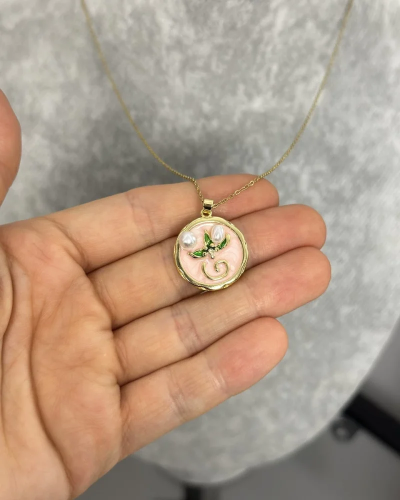 Çelik Pembe Mineli İncili Vintage Kolye (40+5 cm)