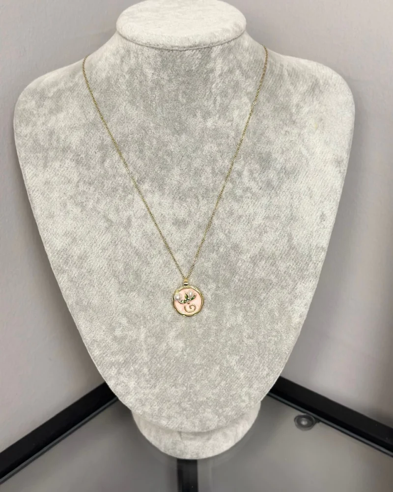 Çelik Pembe Mineli İncili Vintage Kolye (40+5 cm)