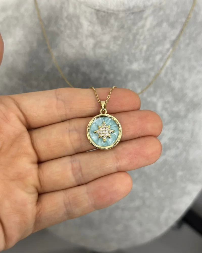 Çelik Mavi Mineli Kuzey Yıldızı Kolye (40+5 cm)