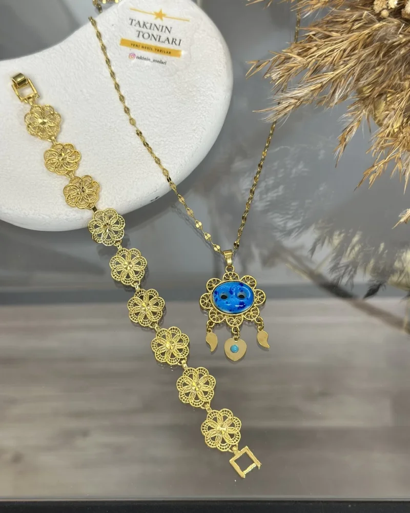 22 Ayar Telkari İşlemeli Süryani Kolye Kombin (45 cm)