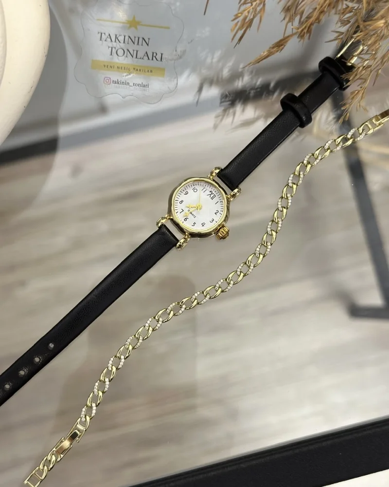 İthal Vintage Siyah Kordon Saat ve XP Bileklik Kombini