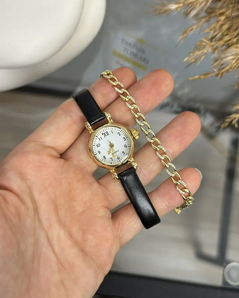 İthal Vintage Siyah Kordon Saat ve XP Bileklik Kombini