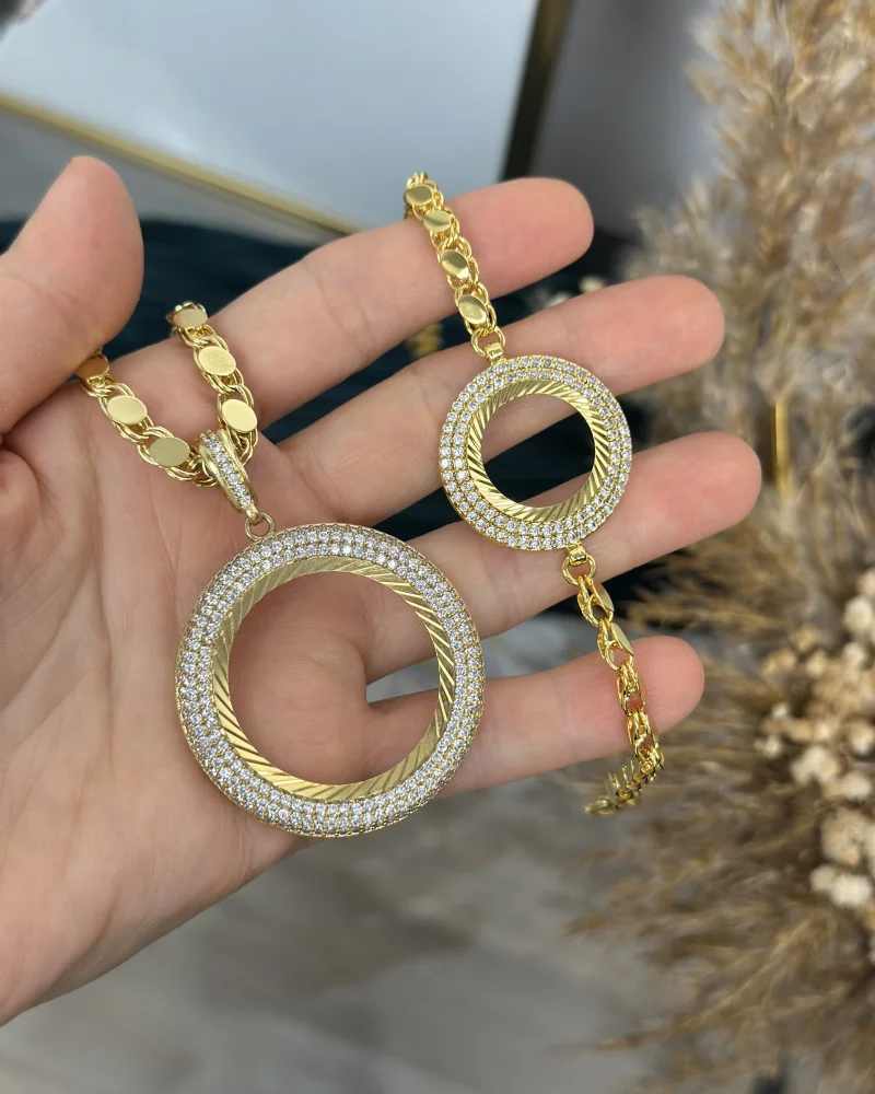 22 Ayar Çift Sıra Taşlı Tam Altınlık Kolye-Çeyrek Bileklik