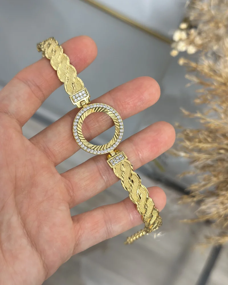 22 Ayar Tek Sıra Taşlı Örgü Kelepçe (17+3.5 cm)