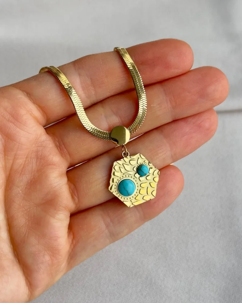 Mavi (Firuze) Taşlı-Altıgen Uçlu Kolye