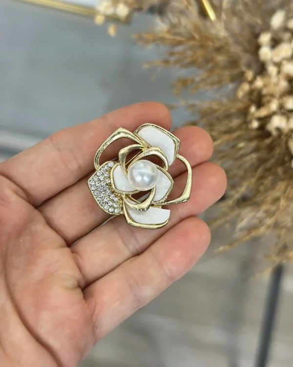 Gold İncili Taşlı Gül Broş