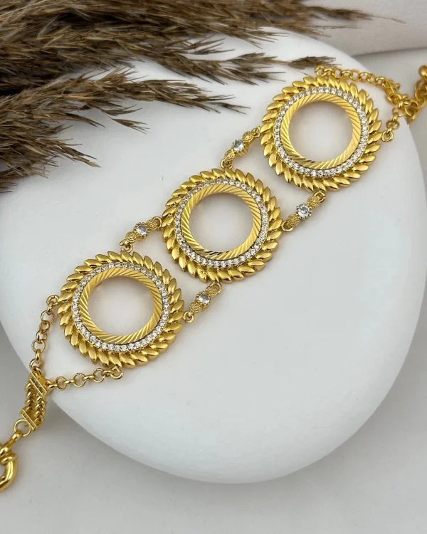 22 Ayar Buğday Desenli Üçlü Çeyrek Yuvalı Bileklik