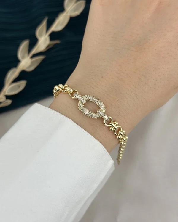 İthal Seri Taşlı Dikdörtgen Geçişli Gold Bileklik