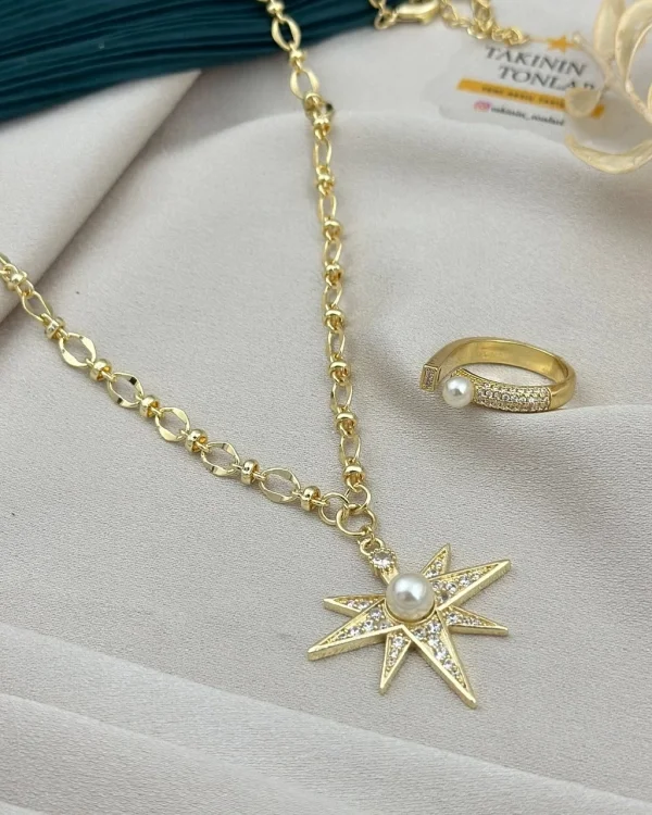 Premium İthal İncili Kolye Yüzük Kombini