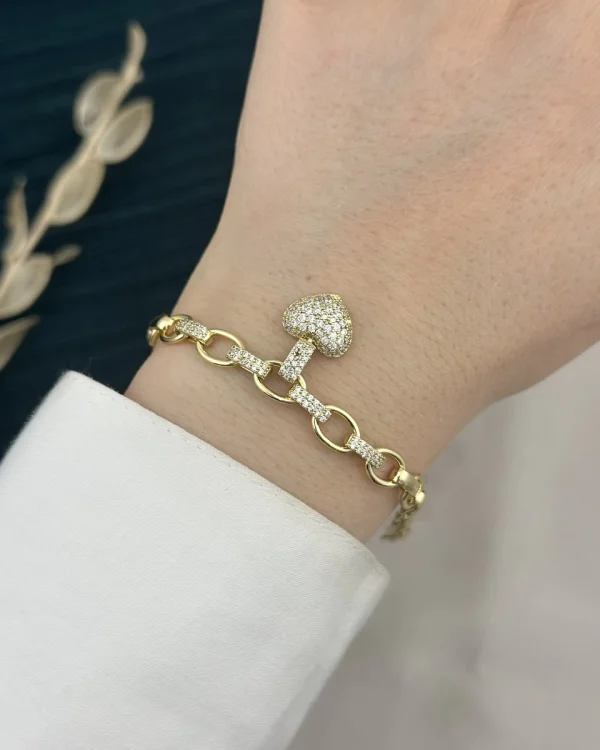 14K Gold Taşlı Kalpli Vip Bileklik