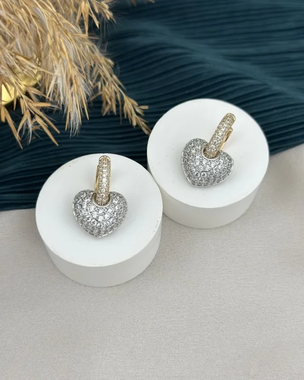 Çift Renk Full Taşlı Kalp Charmlı XP Küpe (Bakır-Gümüş)