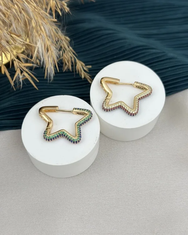 Renkli Taşlı XP Yıldız Halka Küpe (Bakır Renk)