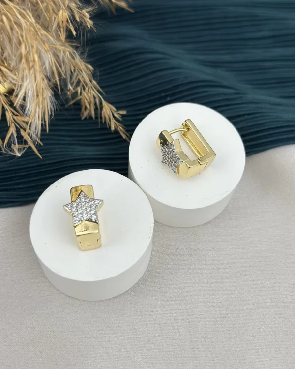 Taşlı Yıldızlı Dikdörtgen Halka Küpe