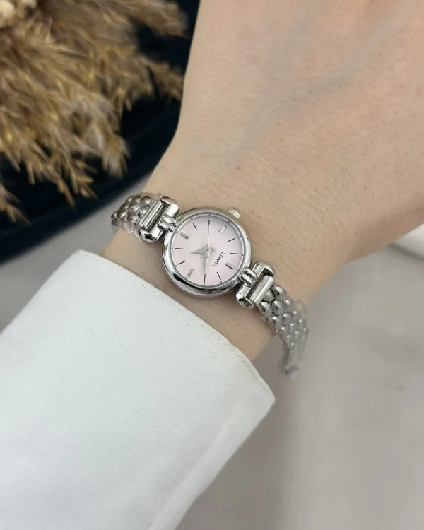 Gümüş Yuvarlak Kasa Retro Saat (Pembe)