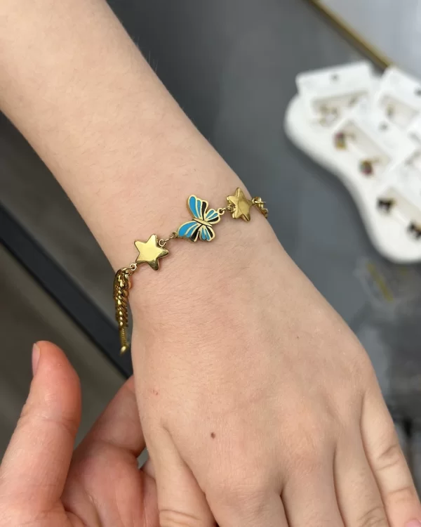 Çocuk Mineli Mavi Kelebek-Yıldız Bileklik (15.5+3 cm)