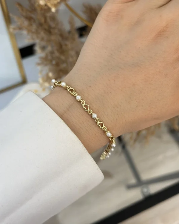 Sıra Kalpli İncili Zarif XP Bileklik (17+2 cm)