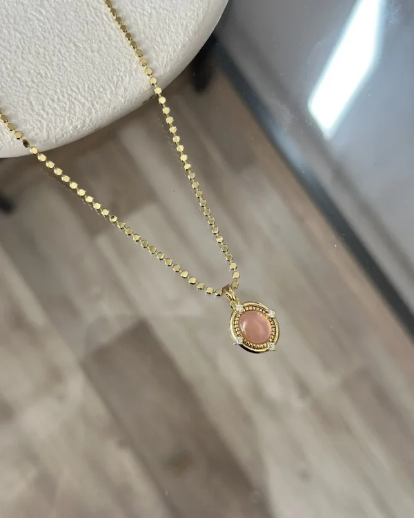 Ezme Pullu Zincir Pembe Taşlı Vintage Kolye (55 cm)