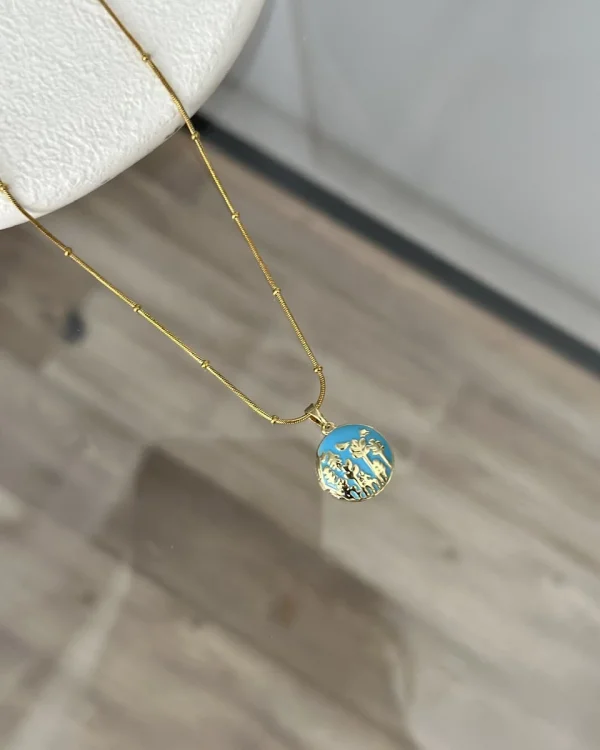 Mavi Mineli Kuşlu Açılır Kapaklı Kolye (40+5 cm)