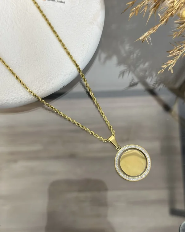 Çelik Döner Plaka Taşlı Yuvarlak Kolye (60 cm)