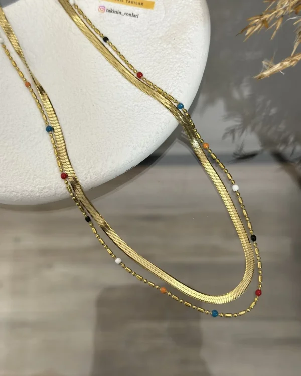 Çelik İkili Mineli Renkli İtalyan Kolye (40+5 cm)
