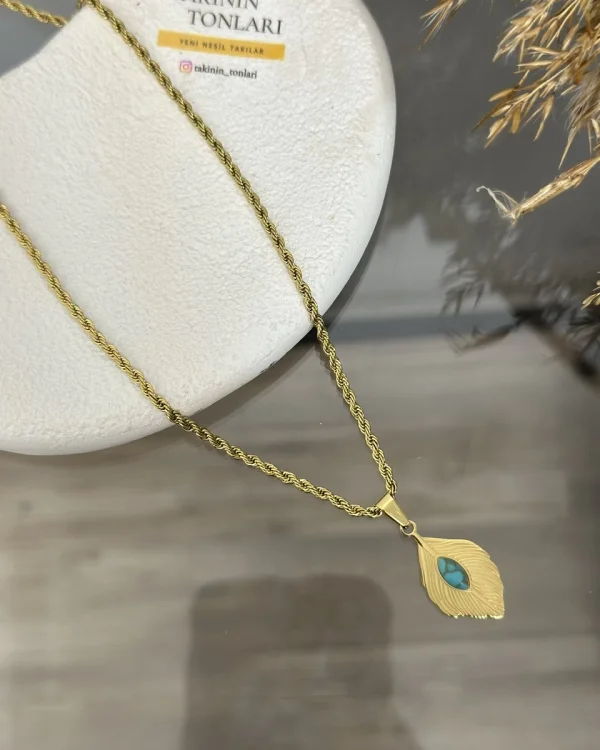 Çelik Turkuaz Taşlı Yaprak Kolye (40+5 cm)
