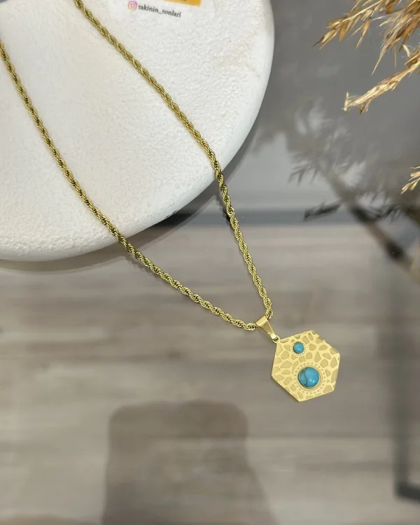 Çelik Turkuaz Taşlı Altıgen Kolye (40+5 cm)