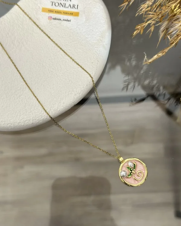 Çelik Pembe Mineli İncili Vintage Kolye (40+5 cm)