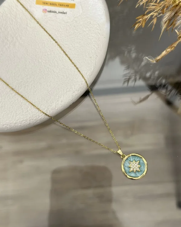 Çelik Mavi Mineli Kuzey Yıldızı Kolye (40+5 cm)