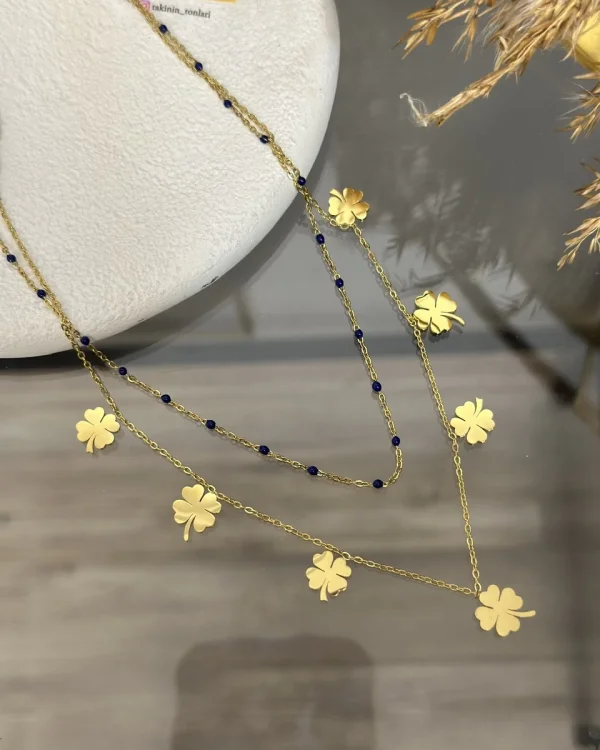 Çelik İkili Yonca Pullu Kolye (40+5 cm)