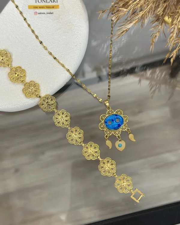 22 Ayar Telkari İşlemeli Süryani Kolye Kombin (45 cm)