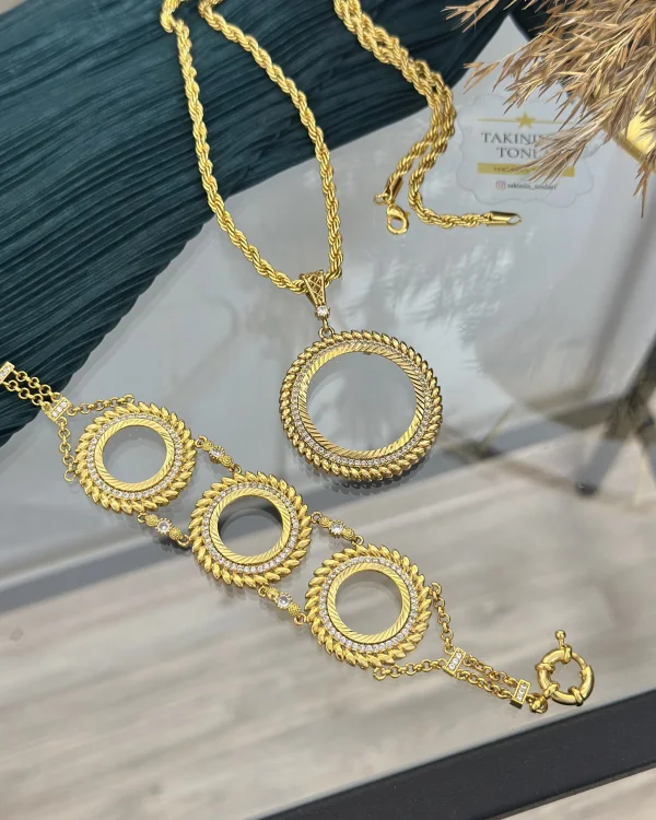 22 Ayar Bugday Detaylı Üçlü Çeyrek Bileklik-Tam Altınlı Kombin