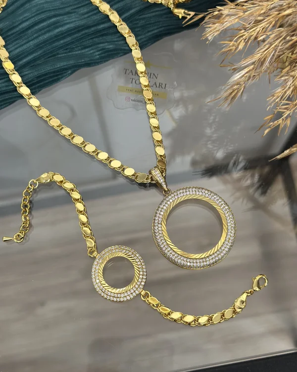 22 Ayar Çift Sıra Taşlı Tam Altınlık Kolye-Çeyrek Bileklik