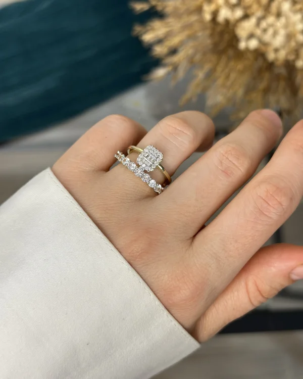 14 Ayar Kaplama İkili Tam Tur-Baget Tek Taşlı Yüzük