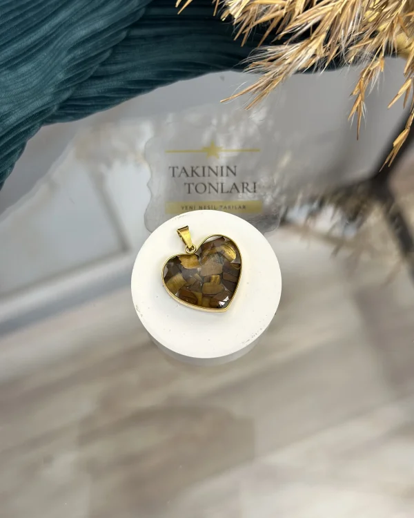 Kaplan Gözü Doğal Taş Kalpli Çelik Kolye Ucu