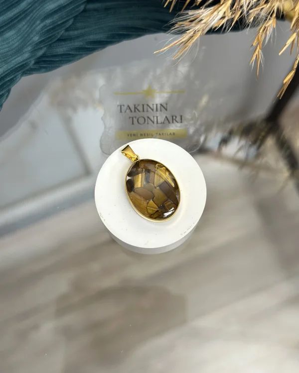 Kaplan Gözü Doğal Taş Oval Model Çelik Kolye Ucu