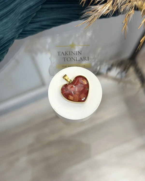 Mercan Taşı Doğal Taş Kalpli Çelik Kolye Ucu