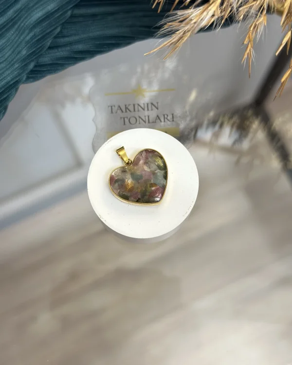 Florit Taşı Doğal Taş Kalpli Çelik Kolye Ucu