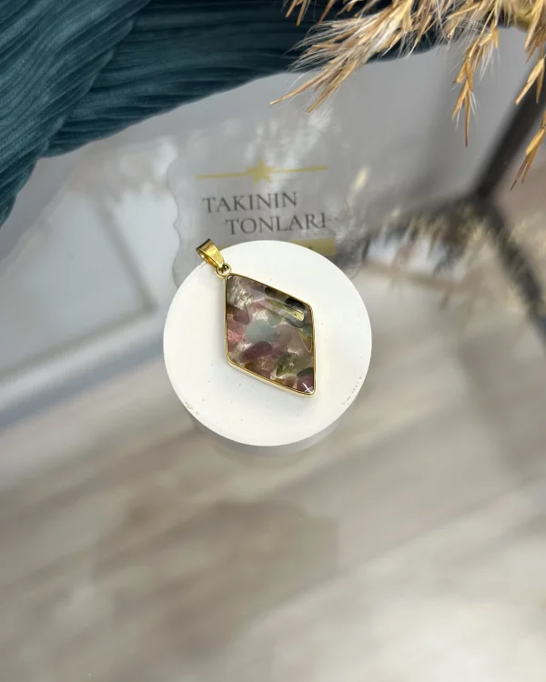 Florit Taşı Doğal Taş Baklava Model Çelik Kolye Ucu