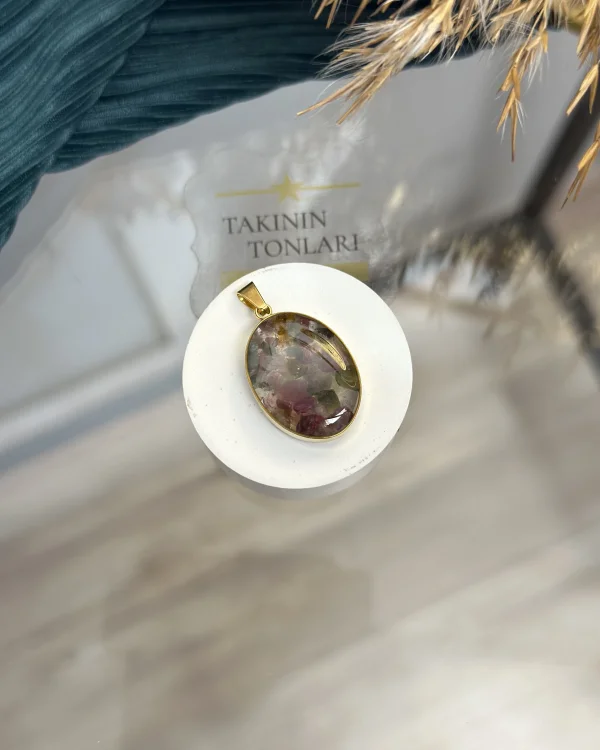 Florit Taşı Doğal Taş Oval Model Çelik Kolye Ucu