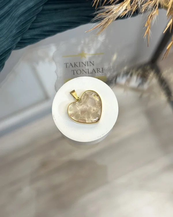 Pembe Kuvars Doğal Taş Kalpli Çelik Kolye Ucu