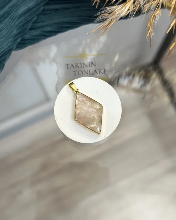 Pembe Kuvars Doğal Taş Baklava Model Çelik Kolye Ucu