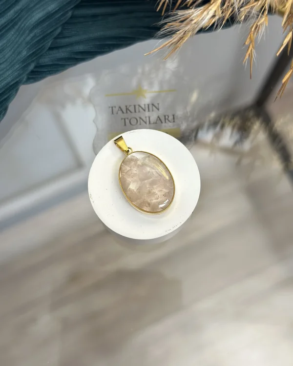 Pembe Kuvars Doğal Taş Oval Model Çelik Kolye Ucu