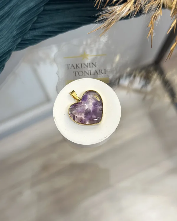 Ametist Taşı Doğal Taş Kalpli Çelik Kolye Ucu
