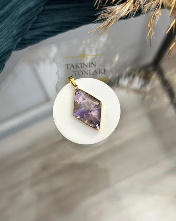 Ametist Taşı Doğal Taş Baklava Model Çelik Kolye Ucu