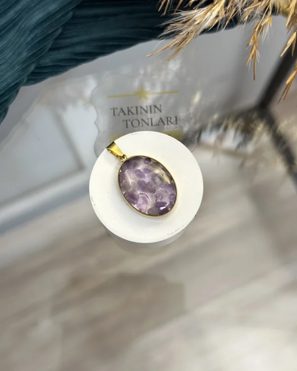 Ametist Taşı Doğal Taş Oval Model Çelik Kolye Ucu