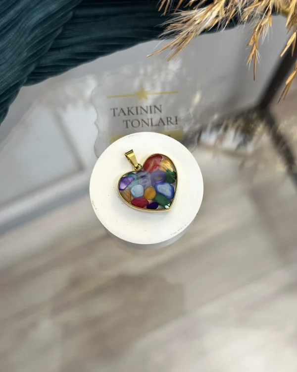 7 Çakra Taşı Doğal Taş Kalpli Çelik Kolye Ucu